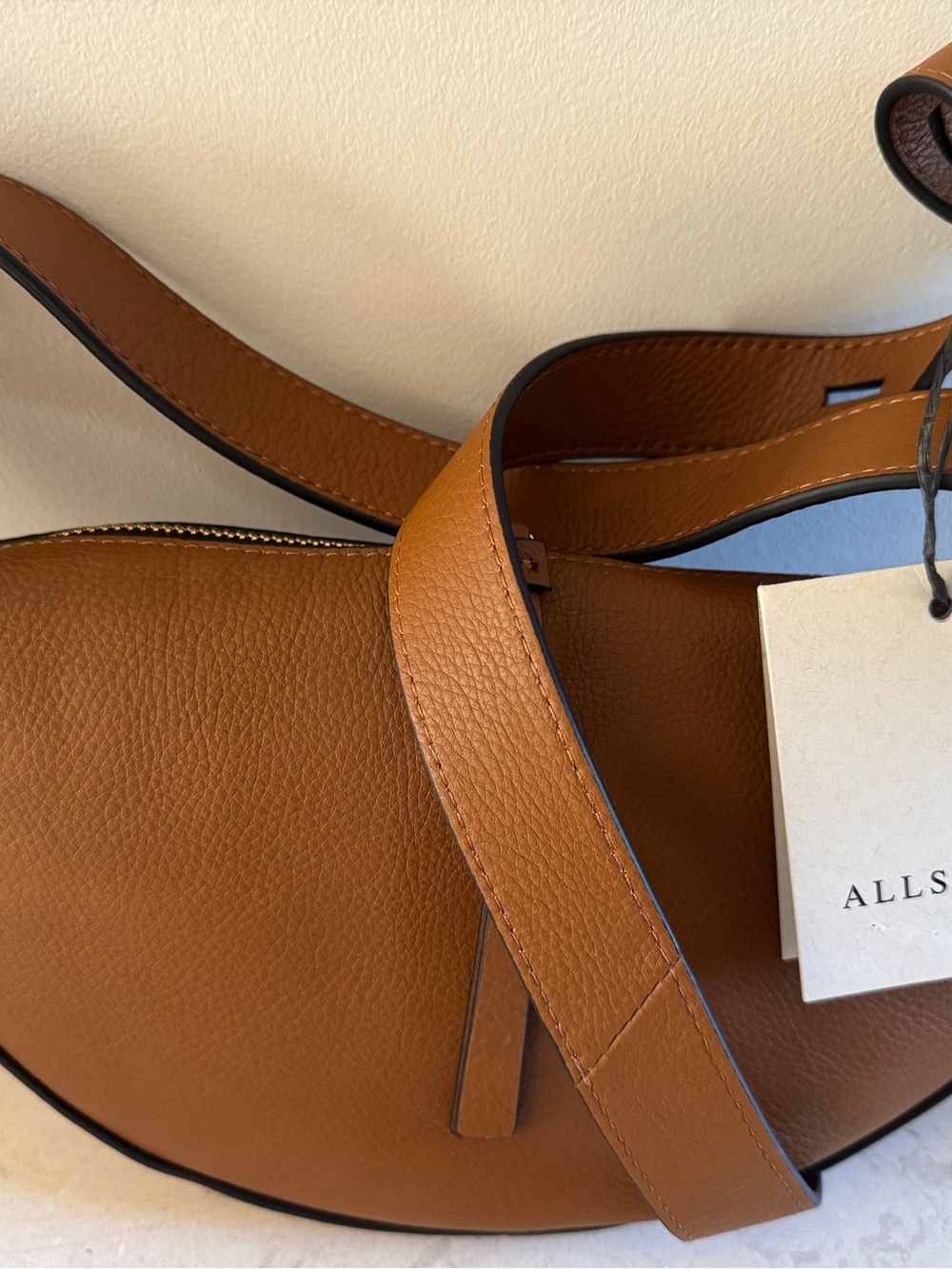 AllSaints Sepia Brown Half Moon Crossbody Cognac Leather Bag